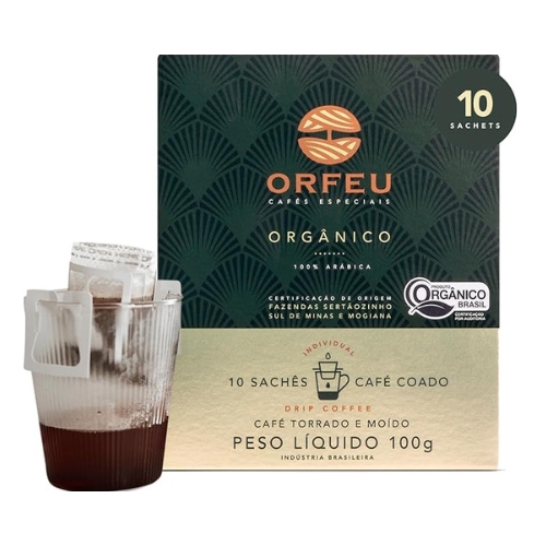 Orfeu Café Orgânico Drip Coffee, 100% Arabica, Torra Média, 10 sachet, 100g