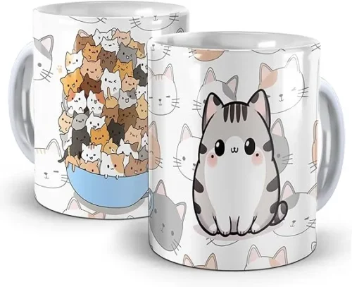 Essa caneca charmosa da FJ Utilitys é perfeita para amantes de felinos, trazendo uma estampa adorável que não desbota, mesmo após várias lavagens. Feita em cerâmica de alta qualidade, é leve e super-resistente, ideal para micro-ondas e lava-louças, proporcionando praticidade e durabilidade no dia a dia. Com capacidade de 325ml, ela é perfeita para suas bebidas favoritas com um toque de fofura irresistível!