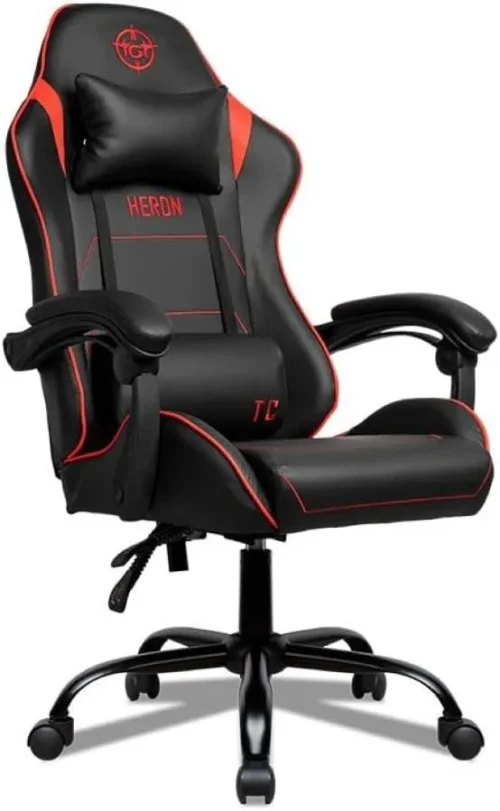 Cadeira Gamer TGT Heron TC | Espuma Moldada | Almofadas para Lombar e Pescoço | Suporta até 120kg | Ajuste de Inclinação | Braço Fixo | Preto e Vermelho | TGT-HRTC-BR02