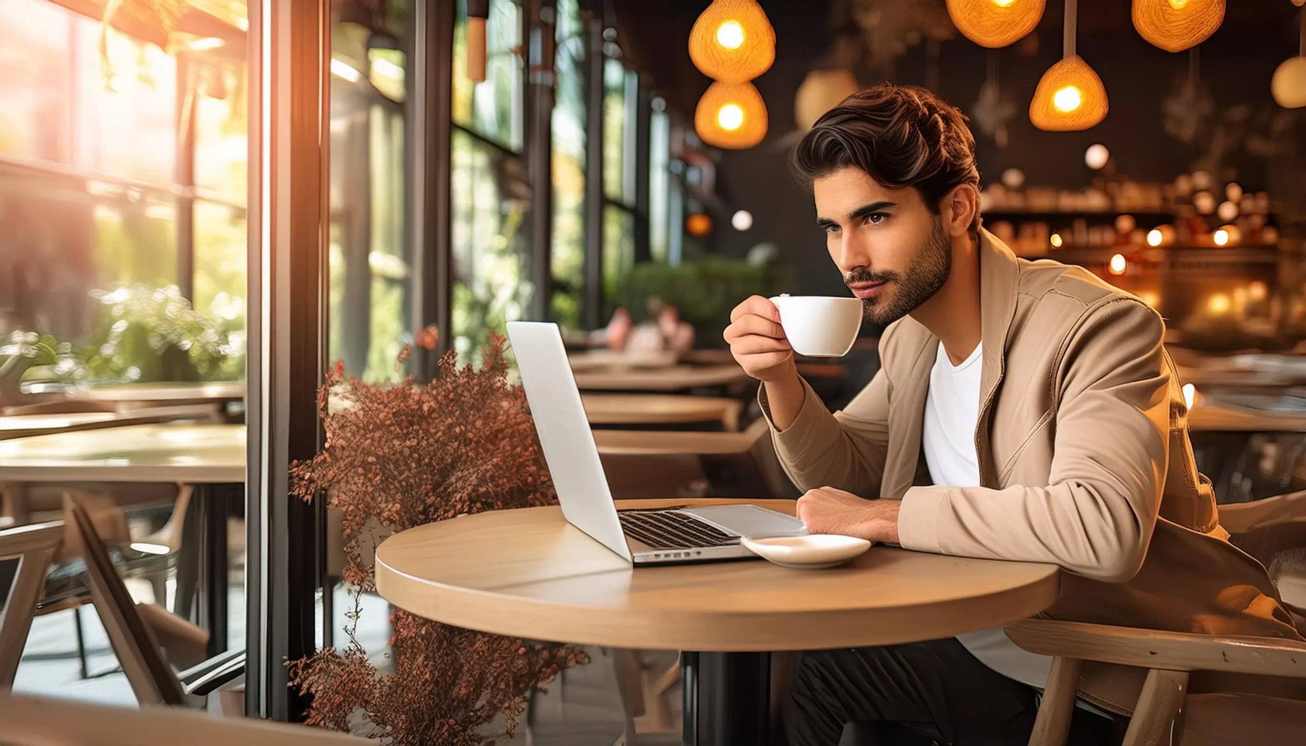 Laptop e Café Homem Cafeteria iCafé