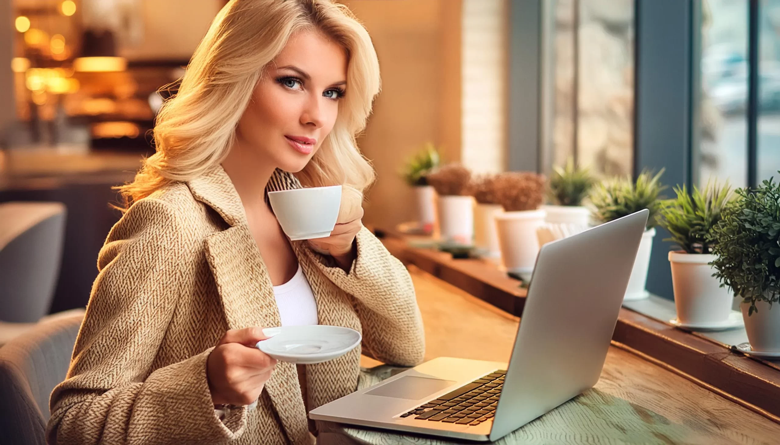 Mulher empreendedora tomando café ao lado do seu laptop