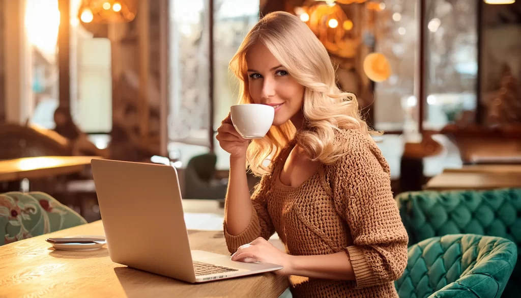 Mulher empreendedora tomando café ao lado do seu laptop