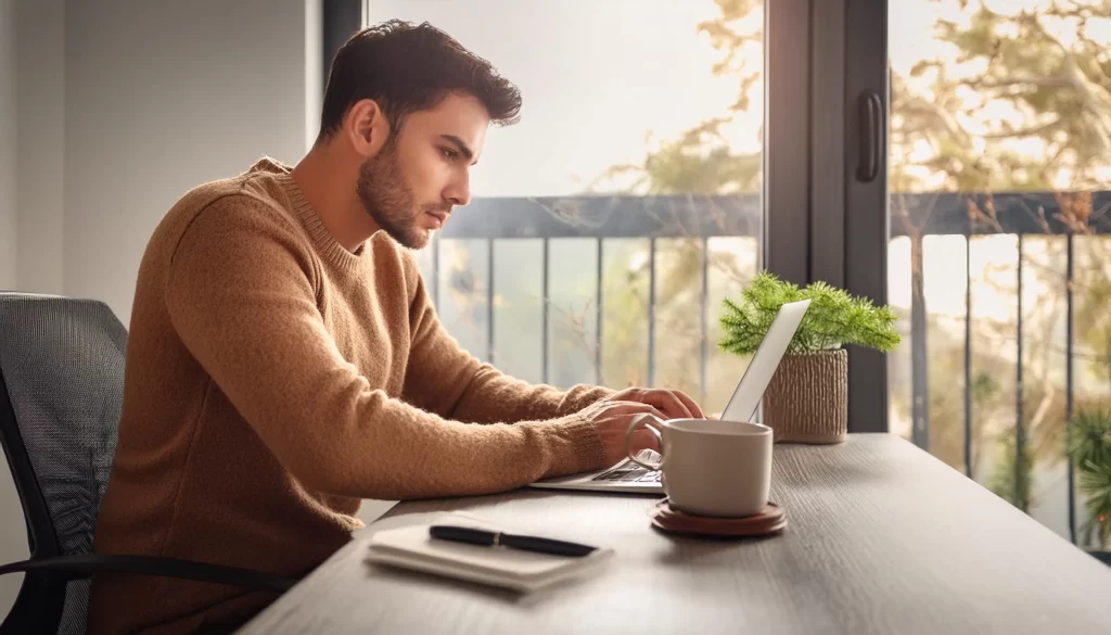 empreendedor jovem trabalhando remotamente com seu laptop ao lado de uma xicara de café em seu home office